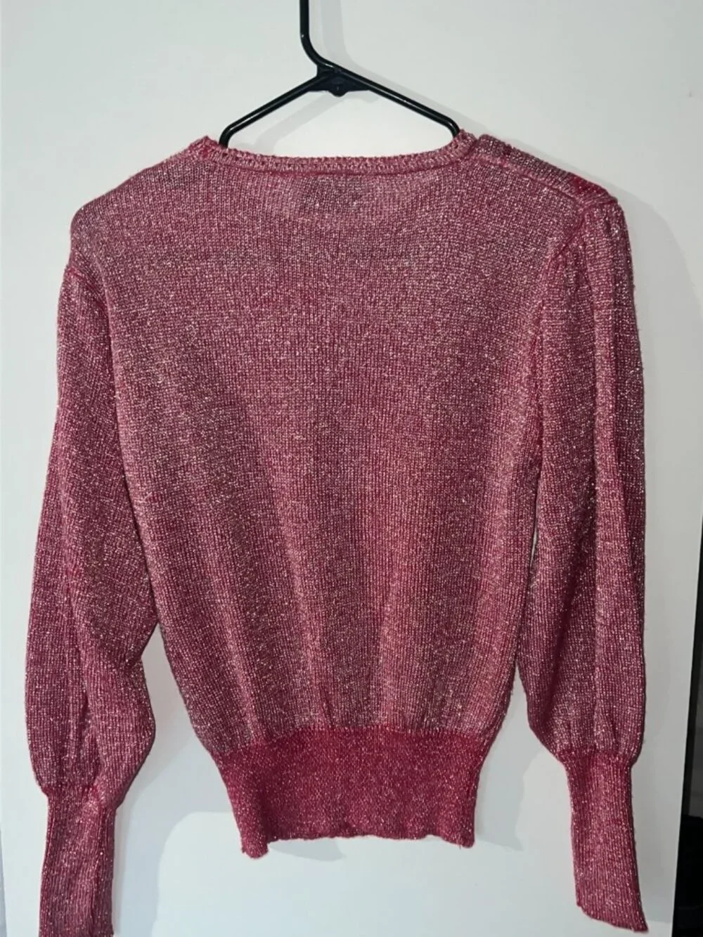 Vintage pink leaf print shimmery long sleeve sweater size M round neckline crop